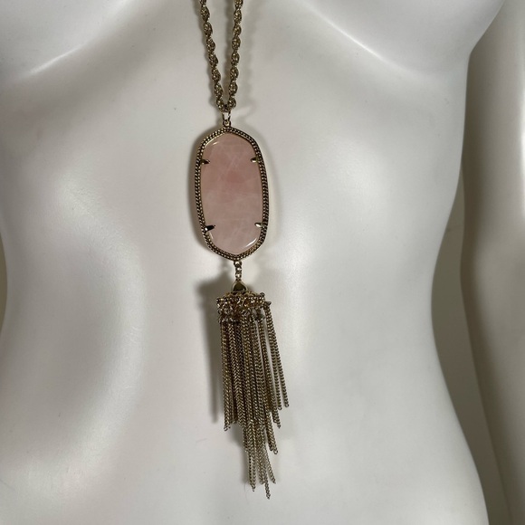 Kendra Scott Rayne Gold Toned Necklace with Rose Quartz Pendant and Tassel - Picture 3 of 12